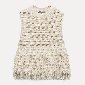 Zara Cream Crochet Fringe Sleeveless Top